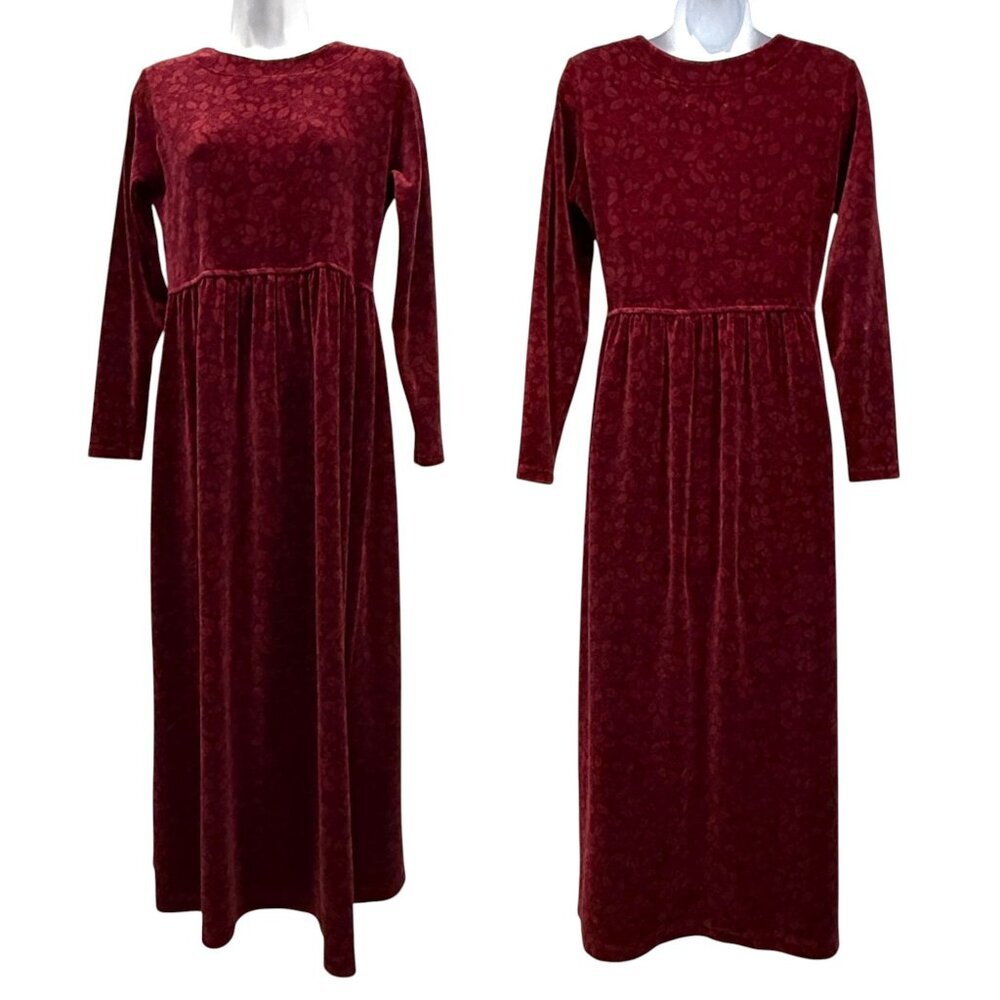 VTG 90s LL Bean Burgundy Velour Maxi Dress Cottagecore Holiday Whimsigoth Size 4